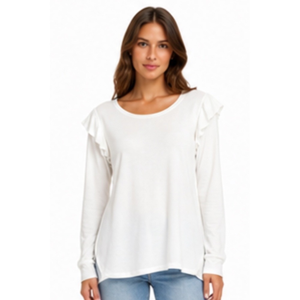 DG2 Diane Gilman Ruffle Shoulder Top‎ Medium White Knit Long Sleeve Pullover New